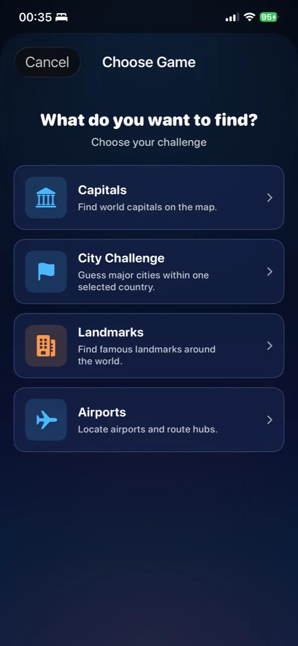 Pindrop's game chooser with Capitals, City Challenge, Landmarks, and Airports.