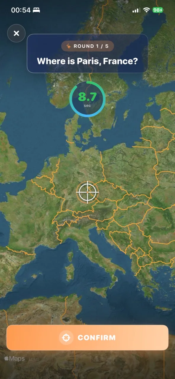 Pindrop asks where Paris, France is while the player moves a crosshair on the map.